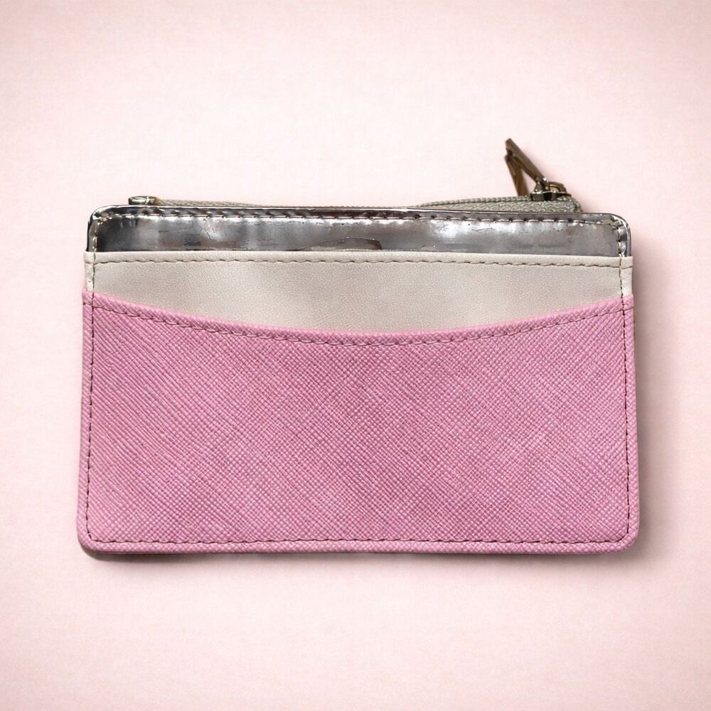 Crossi Pink & Silver Zip Card Holder Wallet – Compact Slim Coin Purse